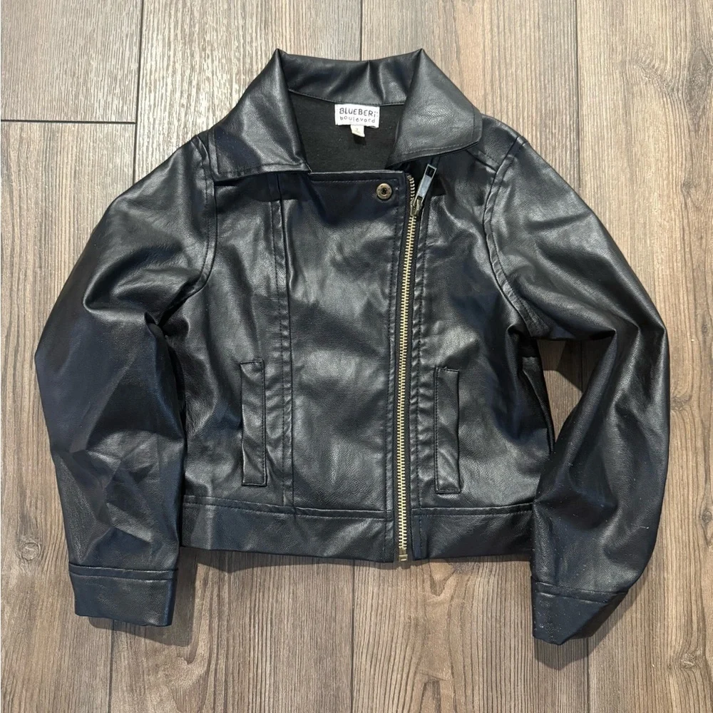 Blueberi Boulevard Faux Leather Moto Jacket Black Kids Size 7